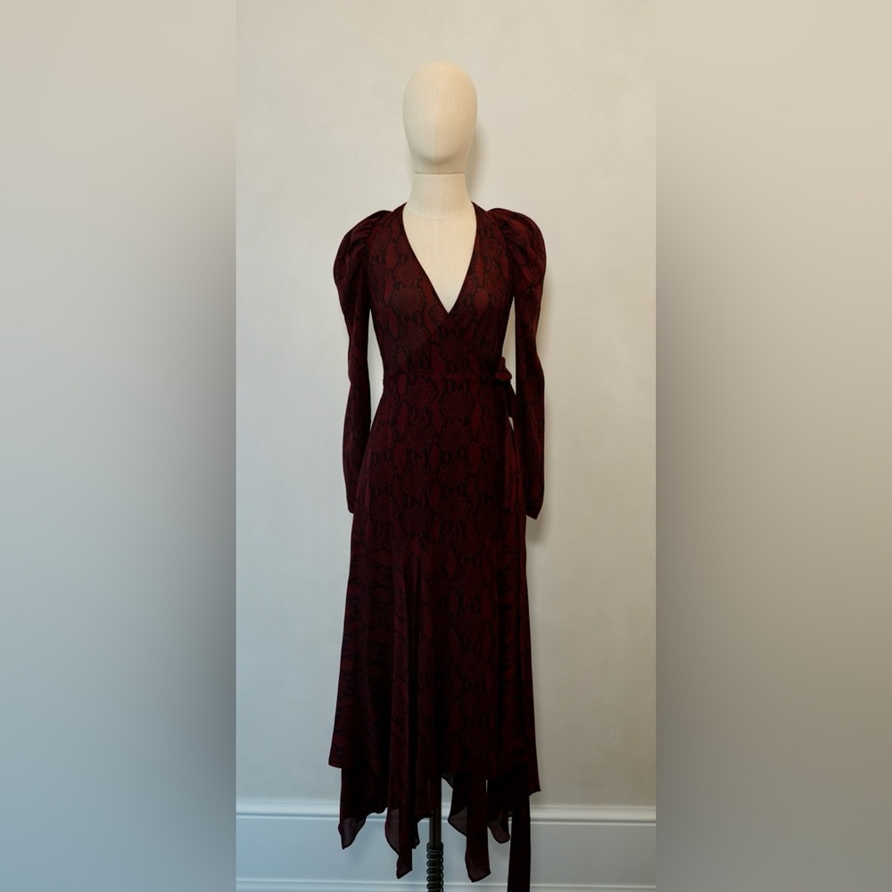 A.L.C. Burgundy Snake-Print Long Sleeve Wrap Dress